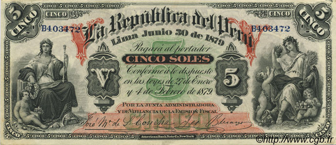 5 Soles PERú  1879 P.003 EBC+