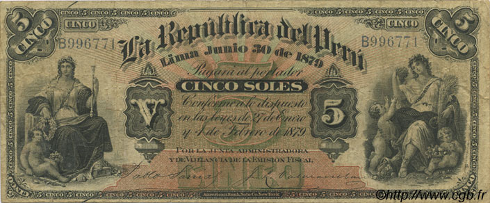 5 Soles PERU  1879 P.004 q.MB