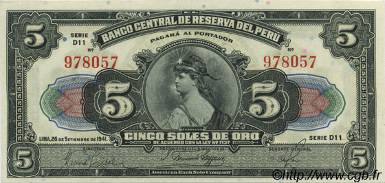 5 Soles PERU  1941 P.066Aa UNC