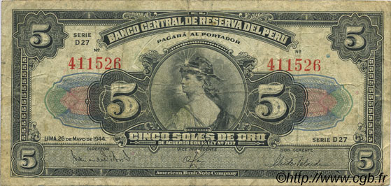 5 Soles PERU  1944 P.066Aa B a MB