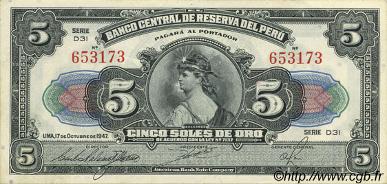 5 Soles PERU  1947 P.066Ac AU