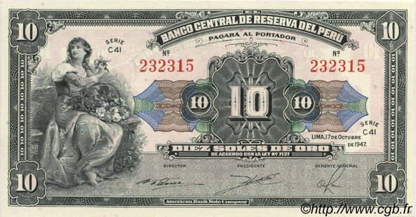 10 Soles PERU  1947 P.067Ac UNC