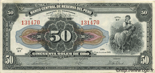 50 Soles PERU  1945 P.068Aa SPL+