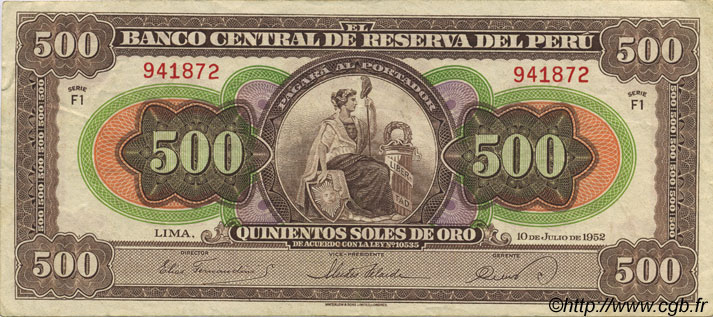 500 Soles PERU  1952 P.074 VF+