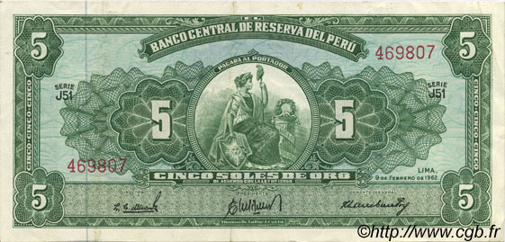 5 Soles de Oro PERú  1962 P.083 EBC
