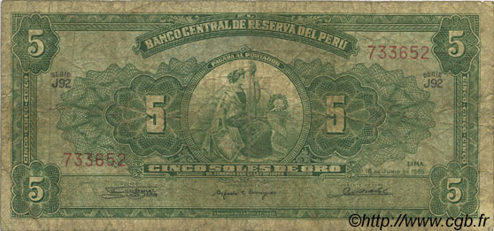 5 Soles de Oro PERú  1965 P.083 RC