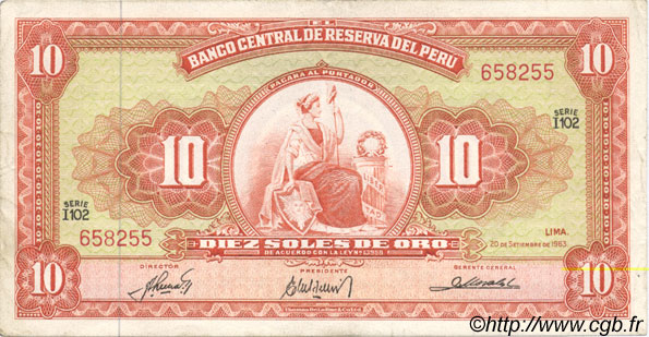 10 Soles de Oro PERú  1963 P.084 MBC