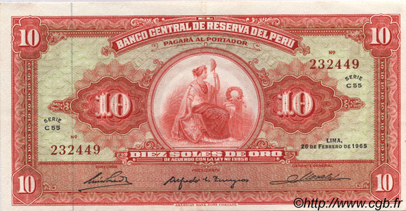 10 Soles de Oro PERú  1965 P.088 SC+