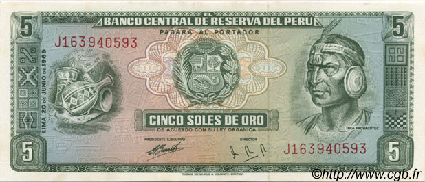 5 Soles de Oro PERú  1969 P.099a SC+