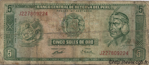 5 Soles de Oro PERú  1972 P.099b RC+