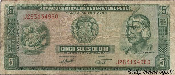 5 Soles de Oro PERU  1973 P.099c MB