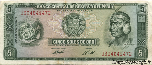 5 Soles de Oro PERU  1974 P.099c fVZ
