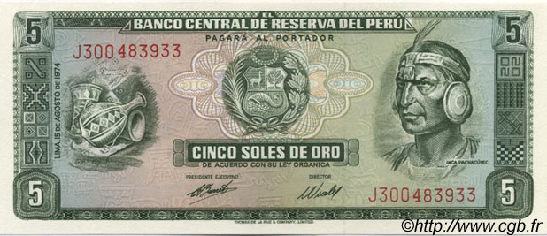 5 Soles de Oro PERU  1974 P.099c ST