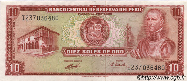10 Soles de Oro PERU  1971 P.100b fST