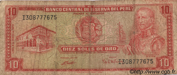 10 Soles de Oro PERU  1972 P.100c VG