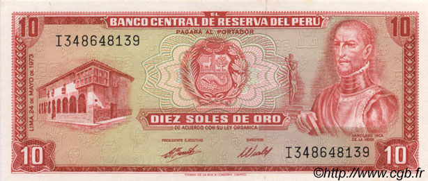 10 Soles de Oro PERU  1973 P.100c fST+