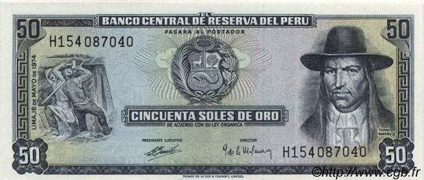 50 Soles de Oro PERU  1974 P.101c q.FDC