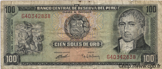 100 Soles de Oro PERU  1969 P.102a MB