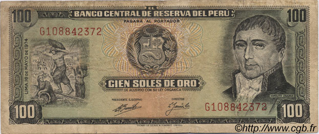 100 Soles de Oro PERU  1974 P.102c VF-