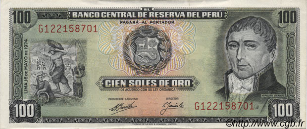 100 Soles de Oro PERU  1974 P.102c AU