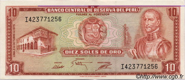 10 Soles de Oro PERú  1975 P.106 SC