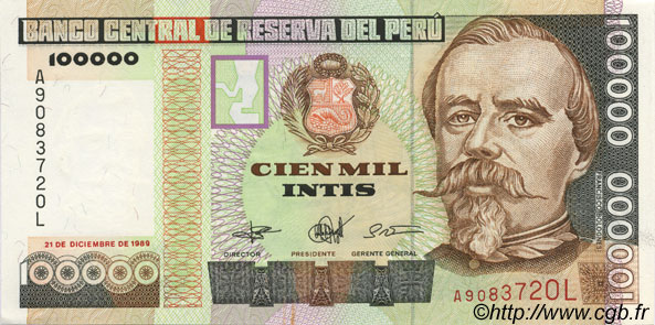 100000 Intis PERú  1989 P.145 EBC