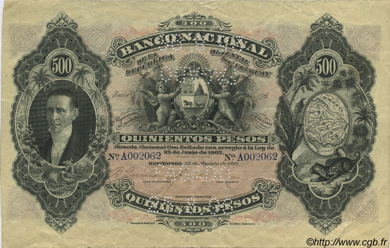 500 Pesos URUGUAY  1887 P.A098b MBC