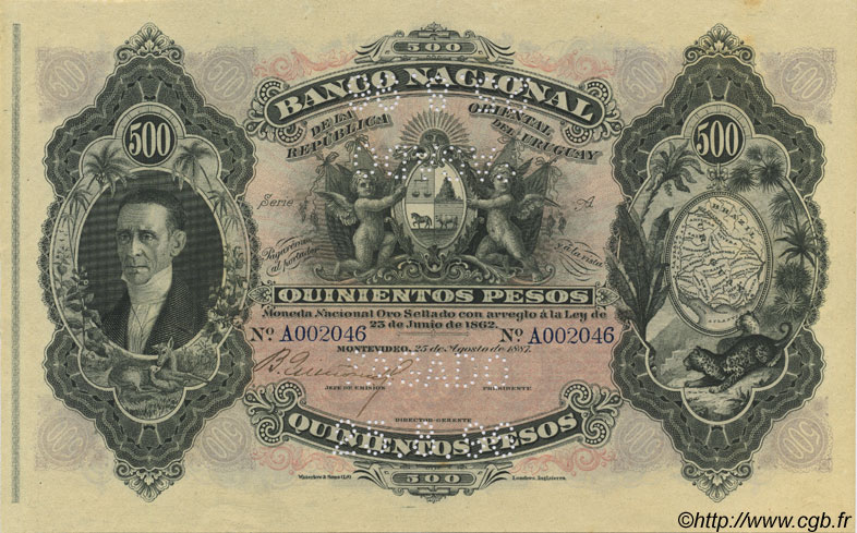 500 Pesos URUGUAY  1887 P.A098b SC+