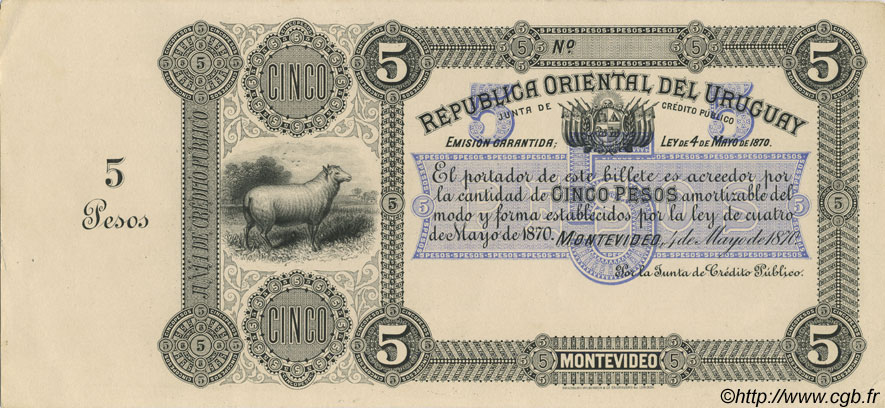 5 Pesos Non émis URUGUAY  1870 P.A111 fST