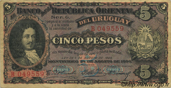 5 Pesos URUGUAY  1896 P.004 VF