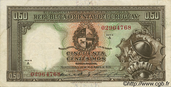 50 Centesimos URUGUAY  1935 P.027a VF+