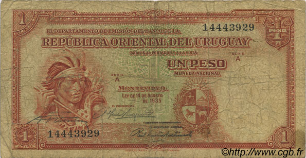1 Peso URUGUAY  1935 P.028b B
