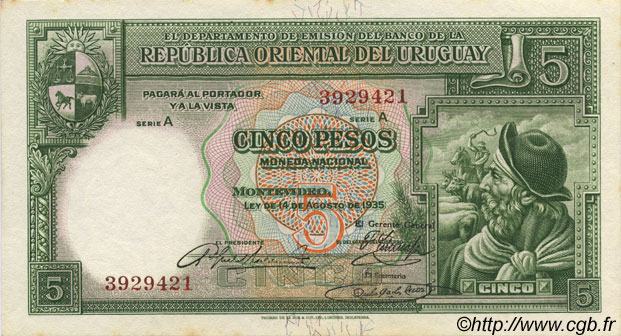 5 Pesos URUGUAY  1935 P.029b AU