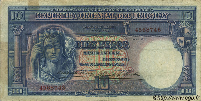 10 Pesos URUGUAY  1935 P.030a F