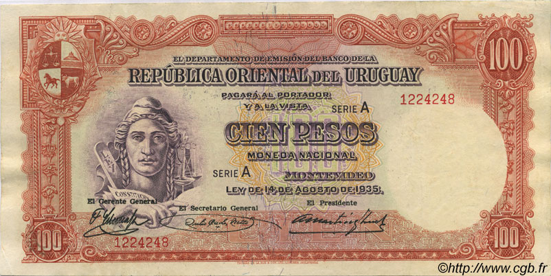 100 Pesos URUGUAY  1935 P.031b VZ