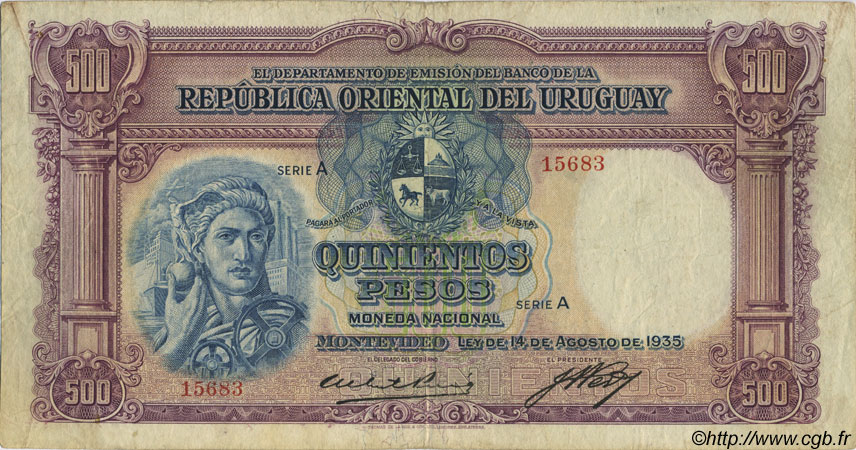 500 Pesos URUGUAY  1935 P.032a MB