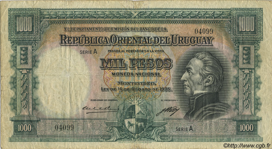 1000 Pesos URUGUAY  1935 P.033a fSS