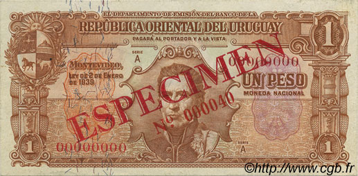 1 Peso Spécimen URUGUAY  1939 P.035s VZ+