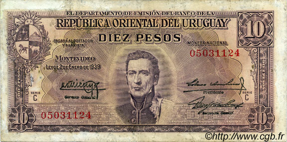 10 Pesos URUGUAY  1939 P.037c F