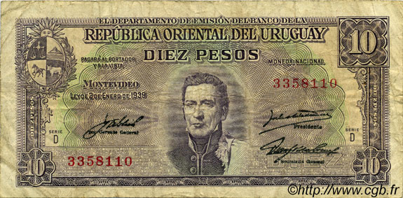 10 Pesos URUGUAY  1939 P.037d F