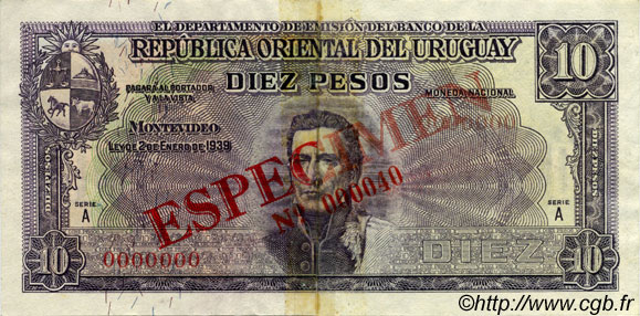 10 Pesos Spécimen URUGUAY  1939 P.037s VF
