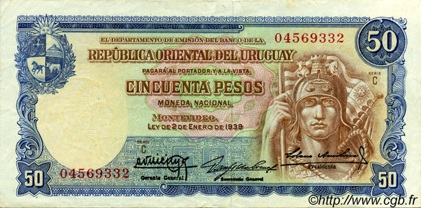 50 Pesos URUGUAY  1939 P.038b XF
