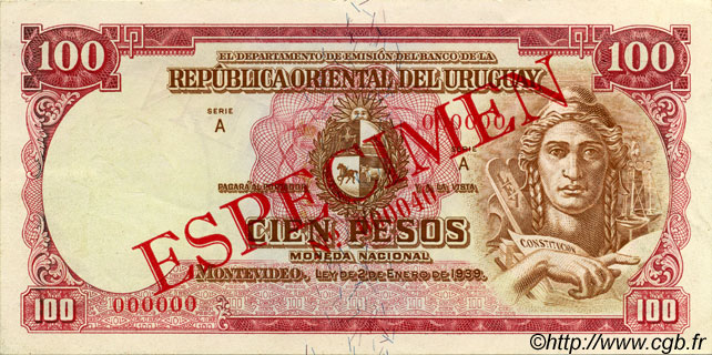 100 Pesos Spécimen URUGUAY  1939 P.039s AU+