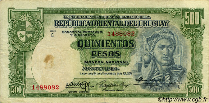 500 Pesos URUGUAY  1939 P.040b fSS