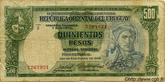 500 Pesos URUGUAY  1939 P.040c B a MB