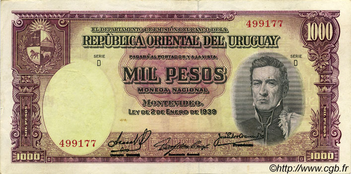 1000 Pesos URUGUAY  1939 P.041c VZ