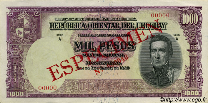 1000 Pesos Spécimen URUGUAY  1939 P.041s AU