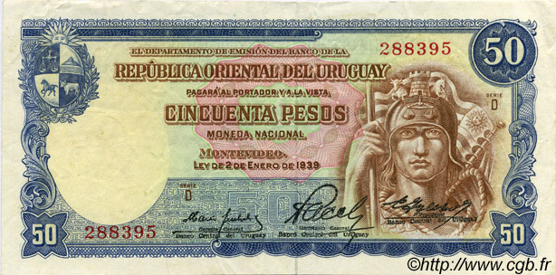 50 Pesos URUGUAY  1967 P.042Aa TTB+