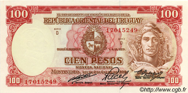 100 Pesos URUGUAY  1967 P.043c q.FDC