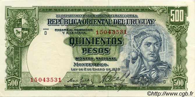500 Pesos URUGUAY  1967 P.044b AU
